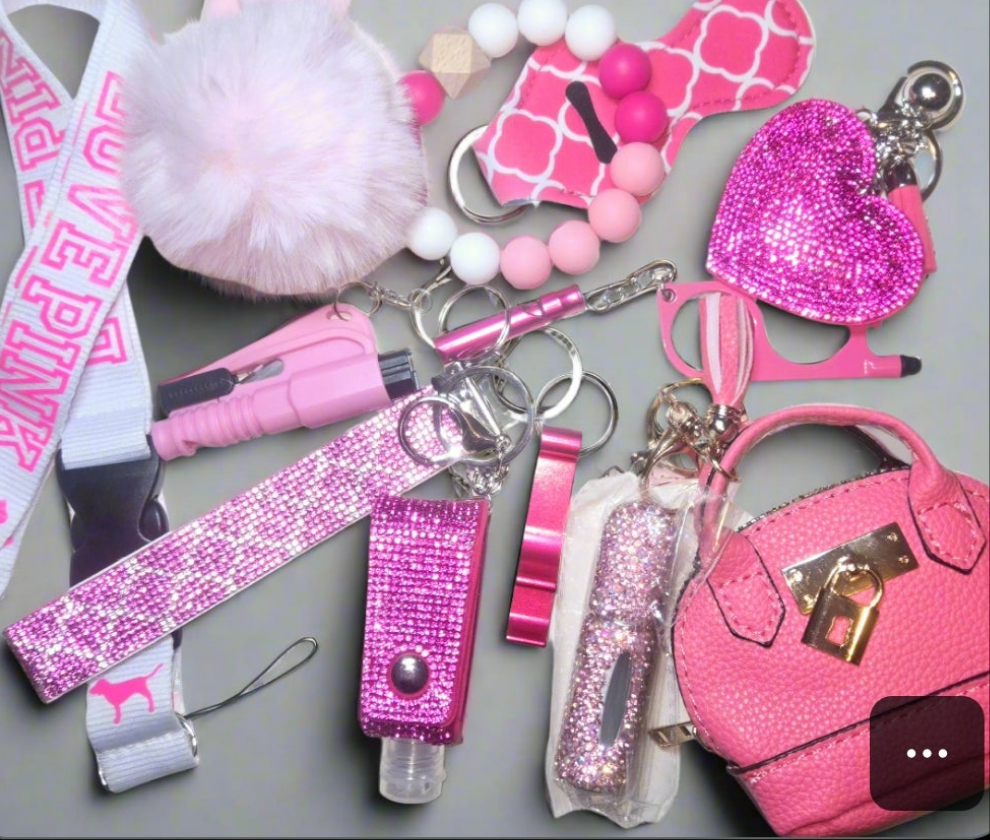 We Don't fit in' BLING KEYCHAIN SET. Includes bag pouch, LPINK Lanyard,  beaded bracelet, totals 15items plus LARGE LUGGAGE